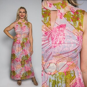 Pretty 1960s Pink Maxi Dress w Choker Collar Belt - Large