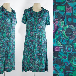 Fun 1960s Neon Geometric Print Dress Green Blue - Medium