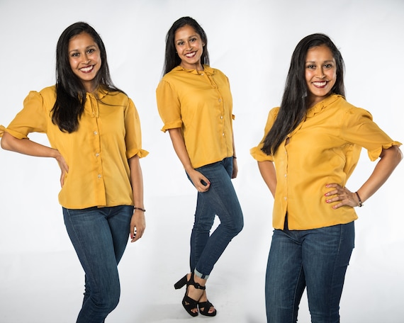 Lovely 1960s Mustard Yellow Button up Top w Ruffl… - image 1