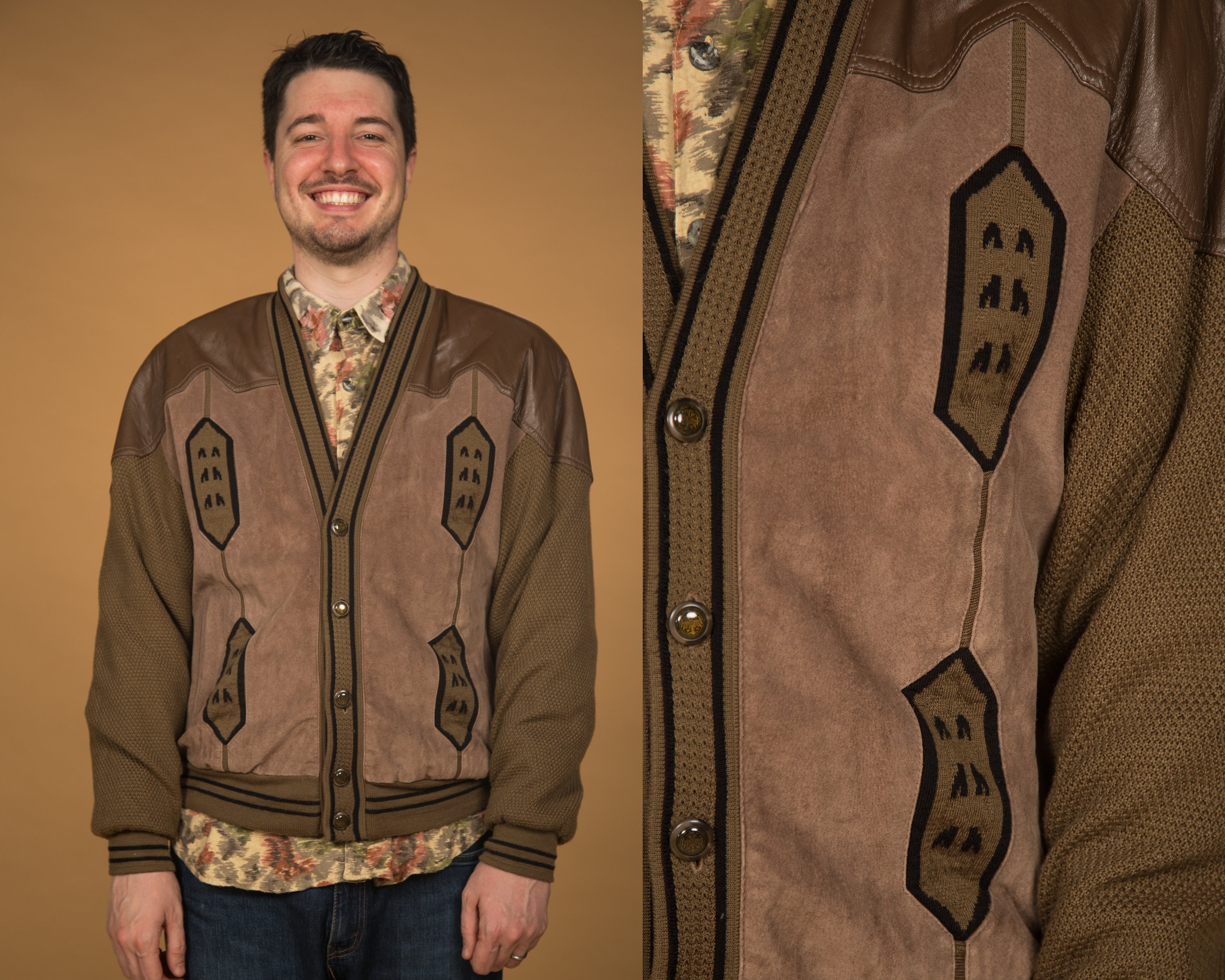 1980s MAXINI COLLEZIONE Brown Leather and Knit Oversized Jacket