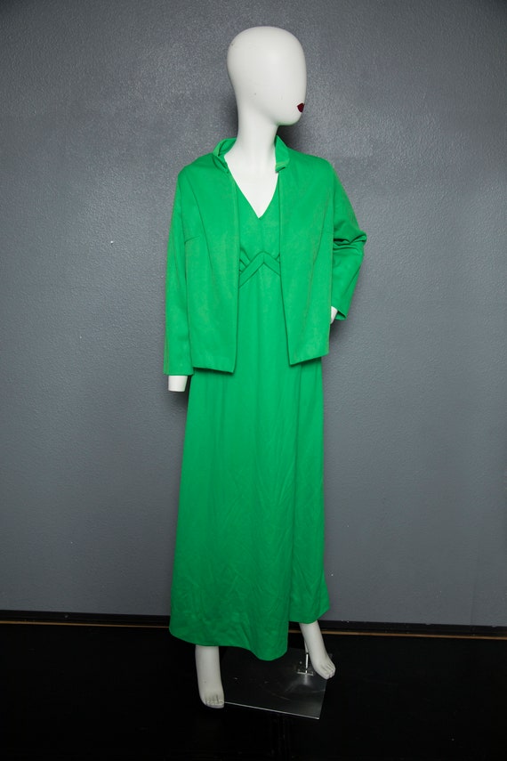 Fun 1970s Bright Green Maxi Dress Jacket Set Poly… - image 4