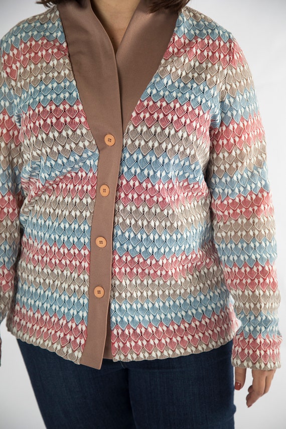 Retro 1970s Grandma Style Cardigan Blue Red Union… - image 8