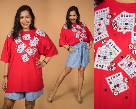 Fun 1990s Bingo Decorated Hanes Red T-shirt Unise… - image 1