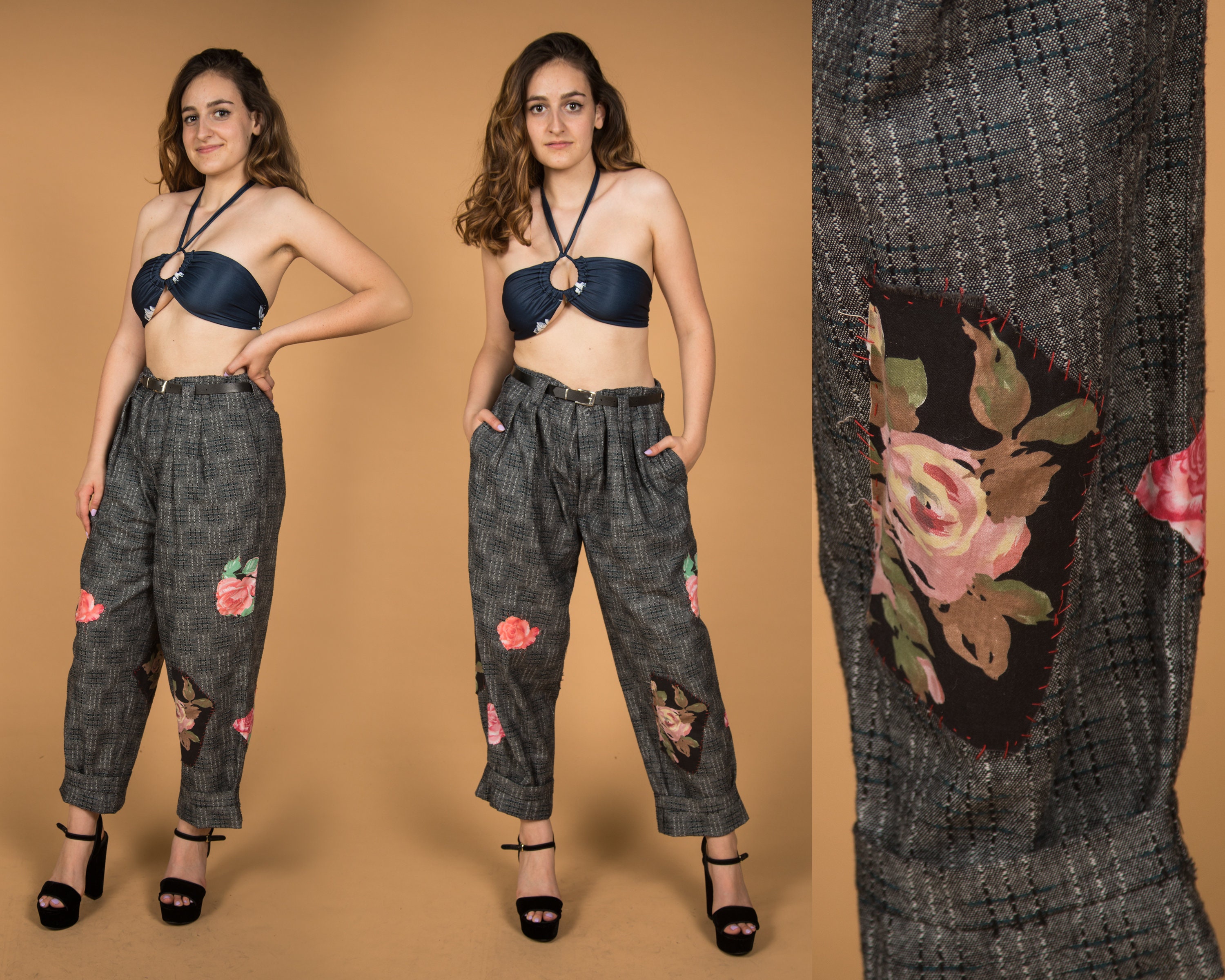 Unique 1980s Grey and Black Pants by Cosi L'uomo W/ Floral