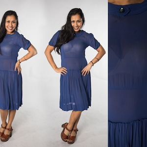 Amazing 1920s Blue Sheer Drop Waist Dress - Medium
