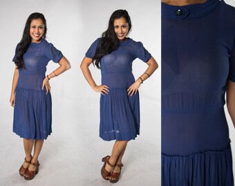 Amazing 1920s Blue Sheer Drop Waist Dress - Medium