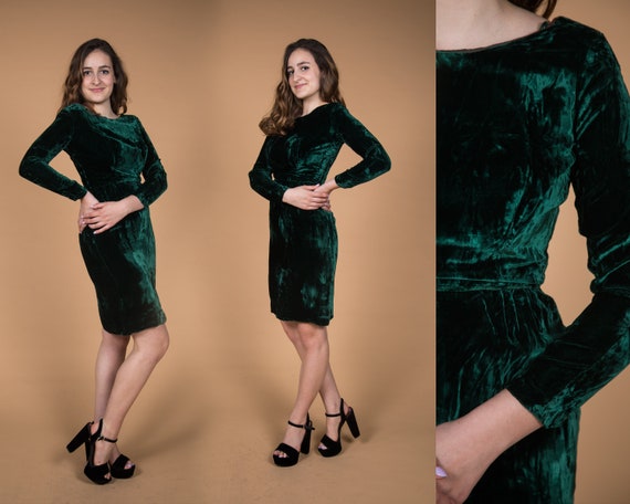 Beautiful 1960s Forest Green Velvet Dress Party P… - image 1