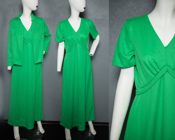 Fun 1970s Bright Green Maxi Dress Jacket Set Poly… - image 1