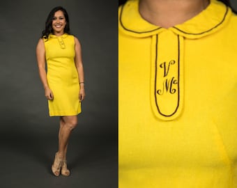 1960s Peppertree Yellow Dress Peter Pan Collar Mini Dress - Small
