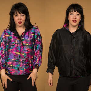 Fun 1980s Reversible Neon and Black Silky Liquid Bomber Jacket - Extra Large, XL 1x