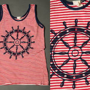 1970s Allison Tank Top Blue Red White Stripped Ship Wheel - Small