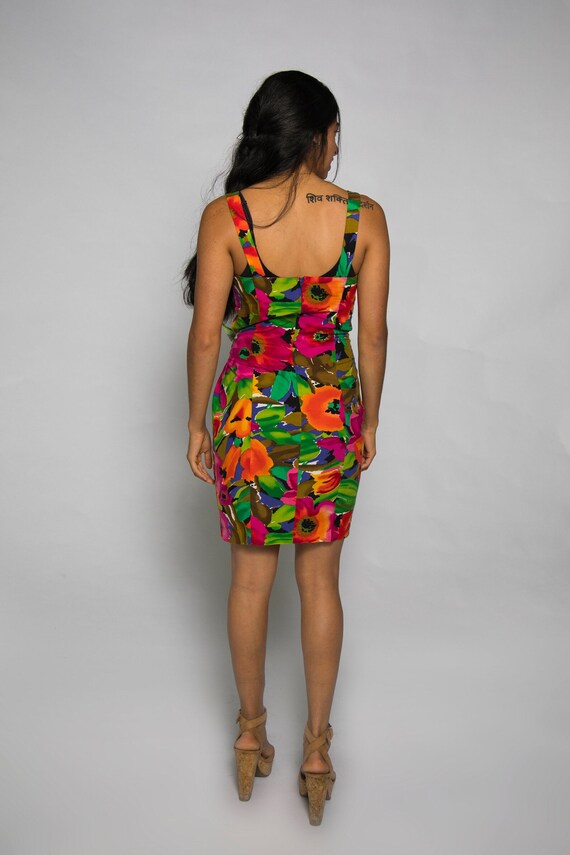 1980s Does 1950s Pinup Hawaiian Dress by Concept Neon Pinks Orange Blues Green - Small View 6