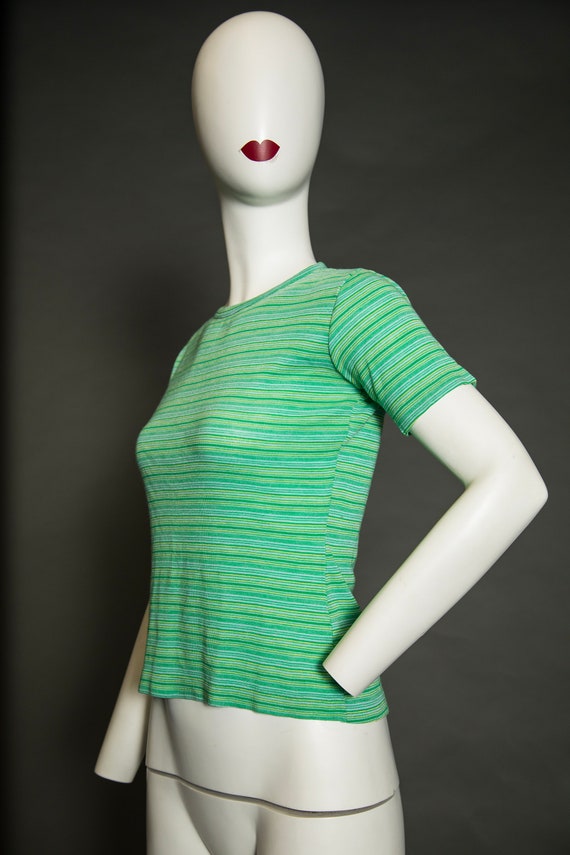 1970s Fine Knit Green Stripped T-shirt  - Medium - image 4