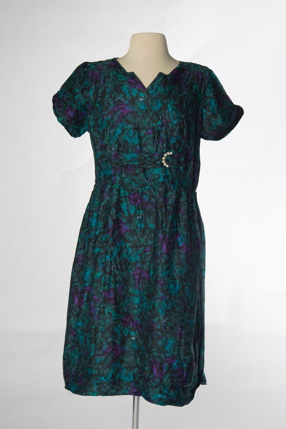 Artistic 1950s Silk Green Blue Purple Watercolor … - image 2