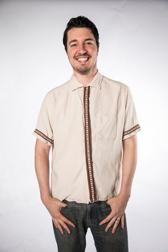 1960s Tan Button Up with Brown Woven Details by P… - image 2