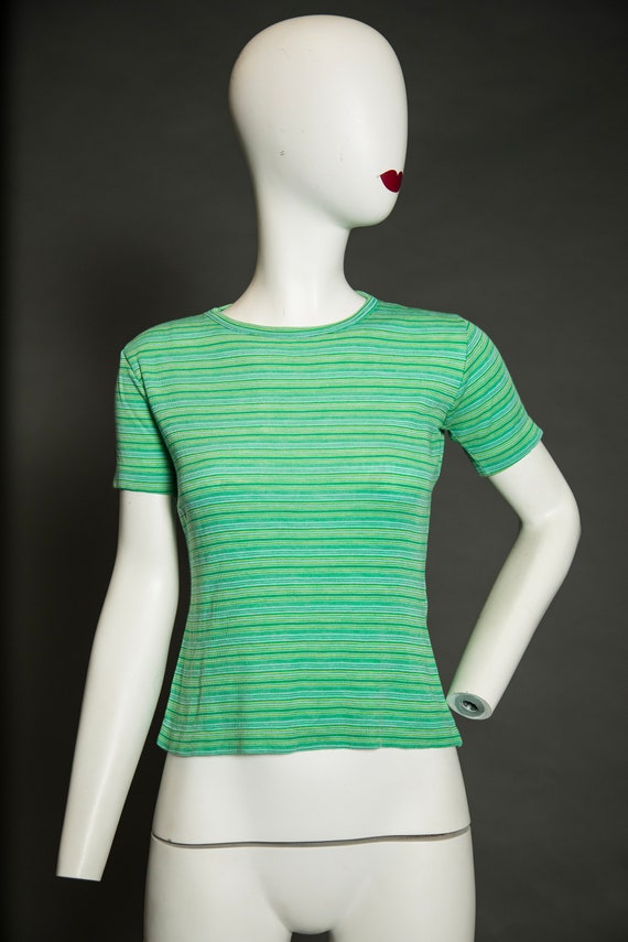 1970s Fine Knit Green Stripped T-shirt  - Medium - image 3