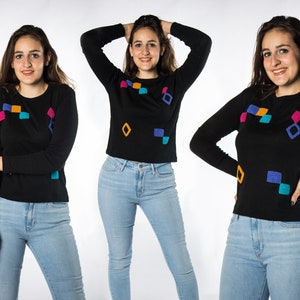 Cute 1970s Geometric Shapes Solid Color Black Acrylic Sweater by Helen Sue  - Small