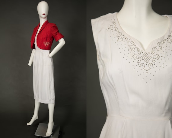 1940s - 1950s Reich White Dress w Orange Cropped … - image 1