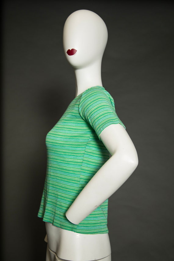 1970s Fine Knit Green Stripped T-shirt  - Medium - image 2