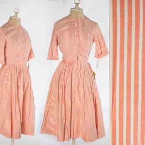Lovely 1960s NOS Dead stock Salmon Peach Pink Stripped Shirt Dress By Barnsville USA - Extra Small