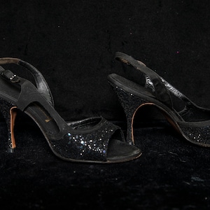 1960s Mr. Kimel Black w/ Blue Tone Glitter  Strap Peep Toe Heel Shoe Strapy Heels - Approx Size 6