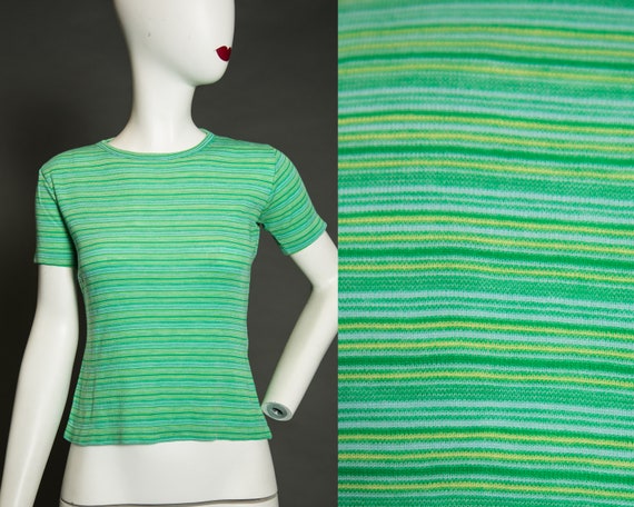 1970s Fine Knit Green Stripped T-shirt  - Medium - image 1