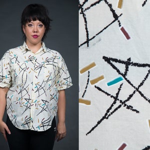 1980s Street Scenes Eggshell Yellow Confetti Lines Button Up Blouse - Large, Extra Large