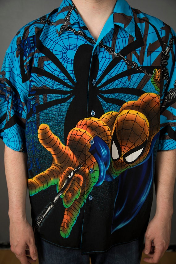 1990s Spiderman Blue button Up Short sleeve by Di… - image 10