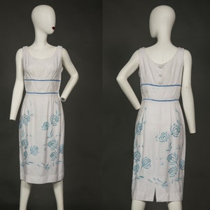 Lovely 1950s Johnnye Jr. White Dress with Blue Floral Embroidery Sleeveless- Small