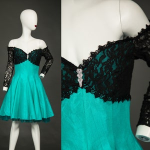 1980s David Howard Climax Karen Okada Teal Prom Dress with Black Lace - Small