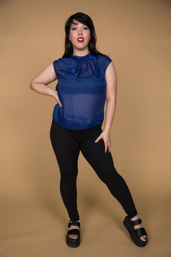 Sher Beautiful Beautiful 1960s Sheer Mock Neck Blue Blouse by Diolen… - Gem