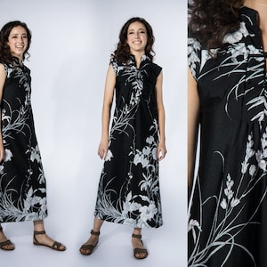 Classy 1970er Jahre schwarz und weiß Floral asiatischen inspiriert Maxi Kleid von hawaiianischen Mode Sears - klein