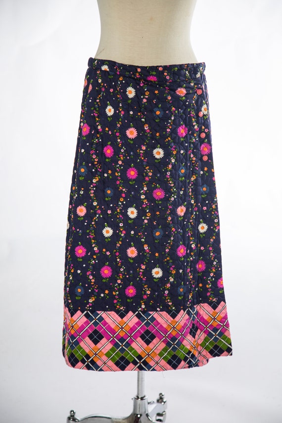 Colorful 1970s Quit Warp Skirt Floral and Plaid P… - image 2