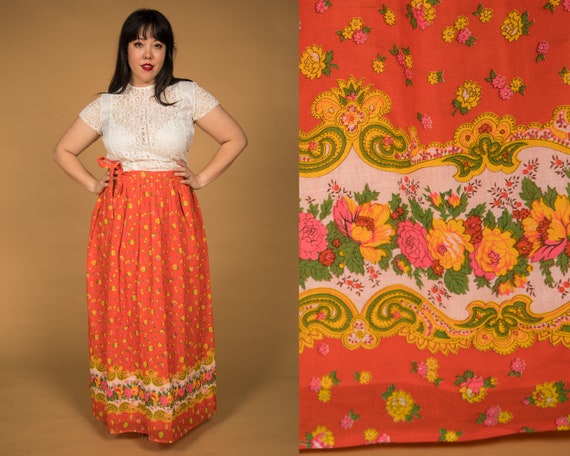 Lovely 1970s Maxi Wrap Skirt Apron Orange Pink Ye… - image 1