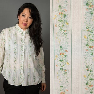 Lovely 1970s White Floral Print Green Orange Yellow Stripped Button Up by Shirt Accent - 2x, 3x