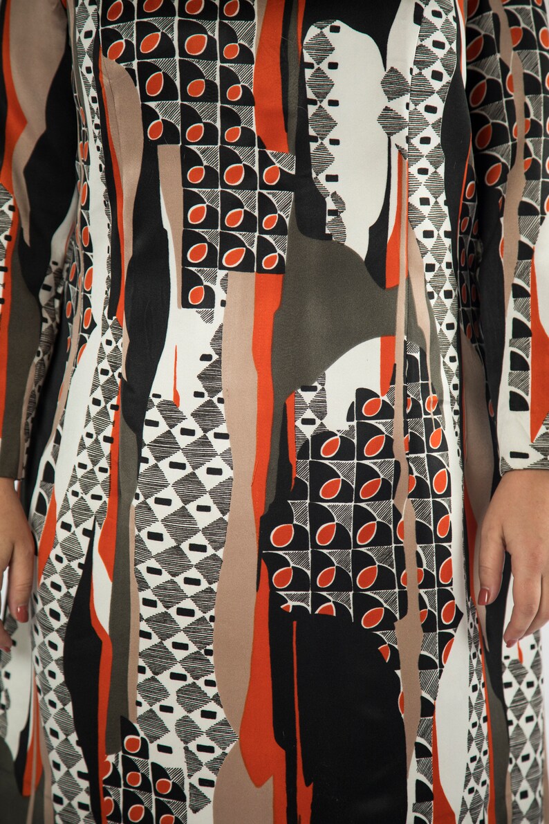 XL 1x Large Fun 1960s Unique Print Brown Black Orange Mod Tent Dress Long Sleeve 2x