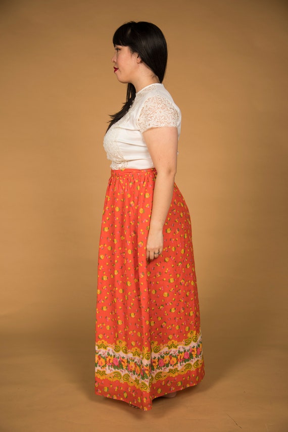 Lovely 1970s Maxi Wrap Skirt Apron Orange Pink Ye… - image 5