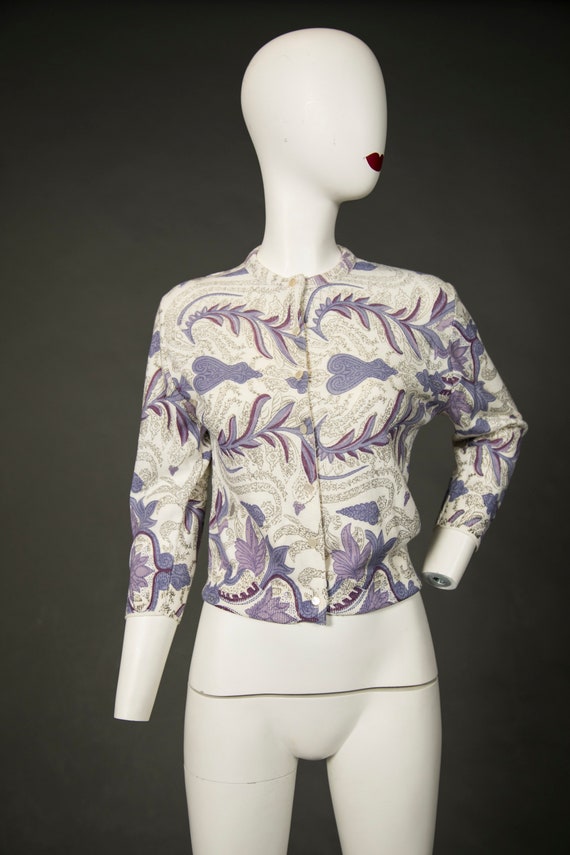 1950s Cream And Purple Cardigan Sweater Grapes Vi… - image 2