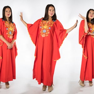 Helle 1970er Jahre Orange rot Engel geflügelt bestickt Kleid - Medium