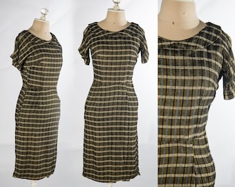 Fabulous 1950s Yellow and Black Plaid Woven Wiggle Dress by Joan Dell - Small