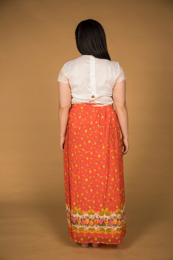 Lovely 1970s Maxi Wrap Skirt Apron Orange Pink Ye… - image 7