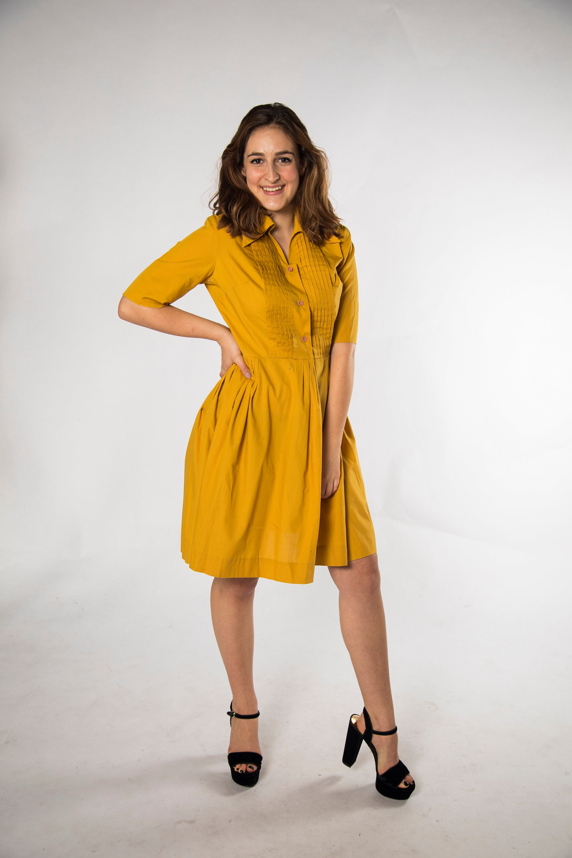 Pretty 1960s Yellow Gold Shirt Dress by Carol Brent - Medium