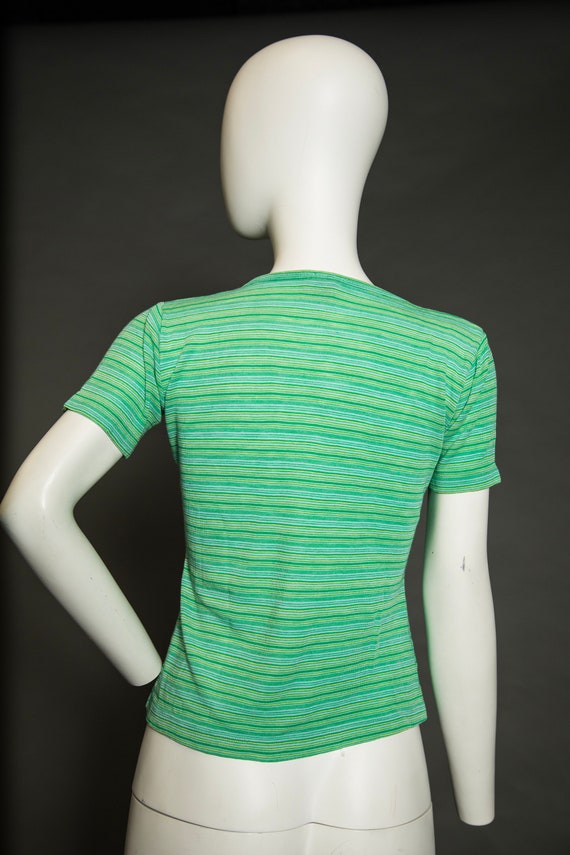 1970s Fine Knit Green Stripped T-shirt  - Medium - image 5
