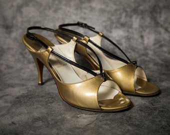 1960s Mr. Kimel Gold w/ Black Strap Peep Toe Heel Shoes 6 1/2 M Strappy Heels