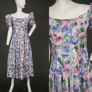 1980s Purple Lavender Prom Asymmetrical Dress Puffy Sleeves - Small, Medium