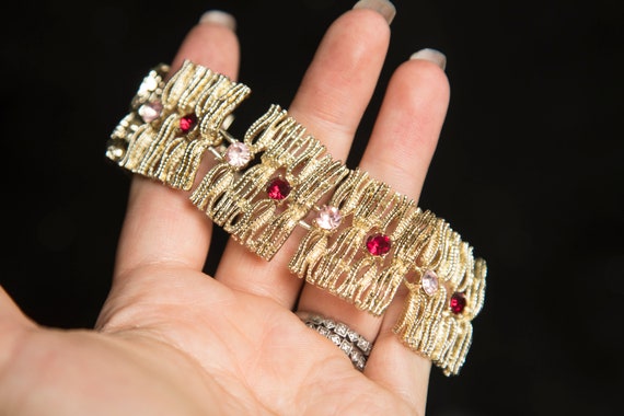 Coro Pegasus Wide Gold Finish Bracelet Red Pink R… - image 1