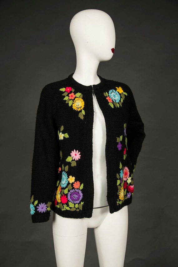 Vintage Black Cardigan with Colorful Flowers Embro