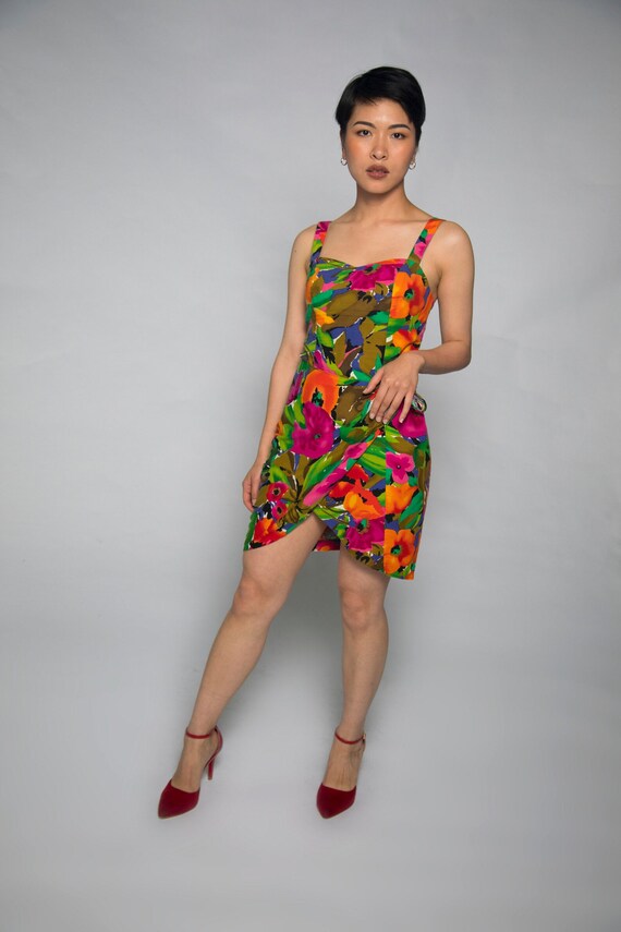 1980s Does 1950s Pinup Hawaiian Dress by Concept Neon Pinks Orange Blues Green - Small View 3