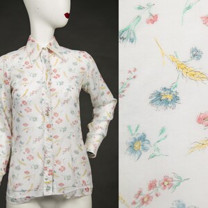 1970s Koret Of California Sheer White Floral Print Button Up Pink Blue - Small