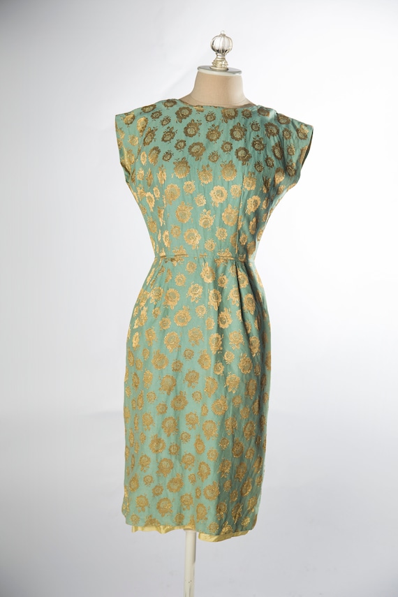 Eye catching 1960s Green with Gold Brocade Sheath… - image 2